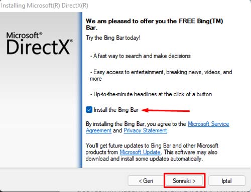 directx kurulumunda bing bar onayını pasif hale getirme