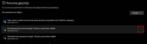 koruma geçmişi geri yükleme seçeneği